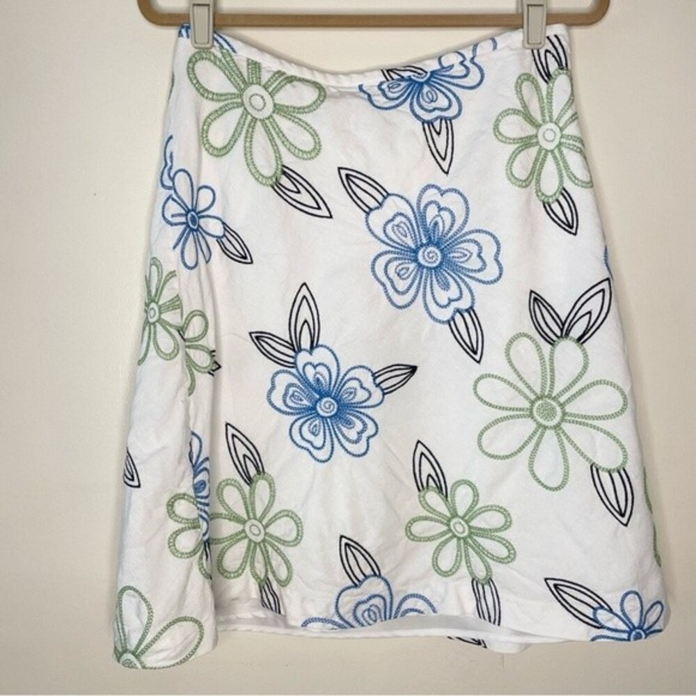 Dressbarn Floral Skirt Linen Embroidered A Line White Blue Green Black Size 12